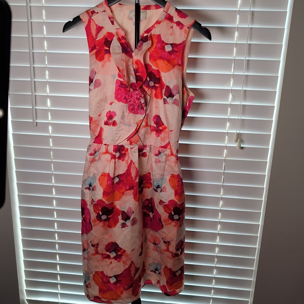 LOFT Petites Floral Ruffle Neck Cotton Dress Womens 6P Pink Orange Excellent